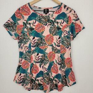 Bobeau Womens Tropical Leaf Print Top M Pink Teal Resort Beach Stretch
